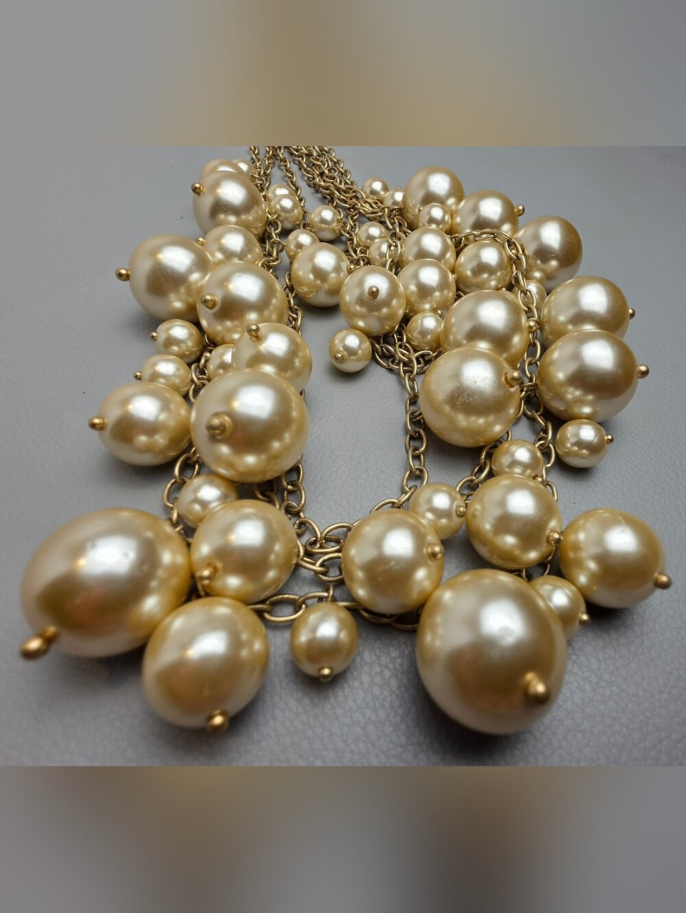 [J. Crew] Champagne Toned Multi-Strand Chunky Pearl Bubble Statement Necklace - Picture 12 of 16